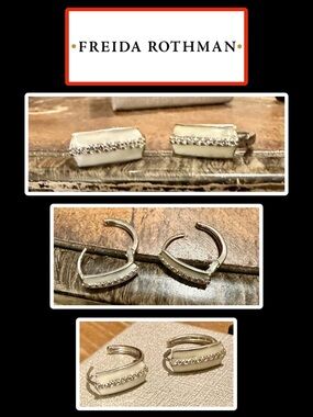 NWOT - Freida Rothman white Enamel Huggie Earrings with Pave Crystals